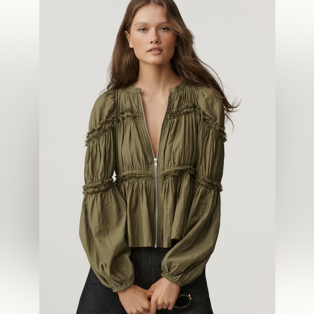 Anthropologie Moss-Green Long-Sleeve Puffy Zip-Front Blouse